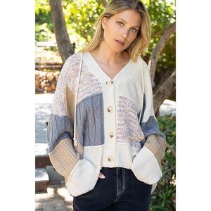 POL Clothing Color Block Sweater Cardigan Ivory Grey Multi Fall Winter YST598